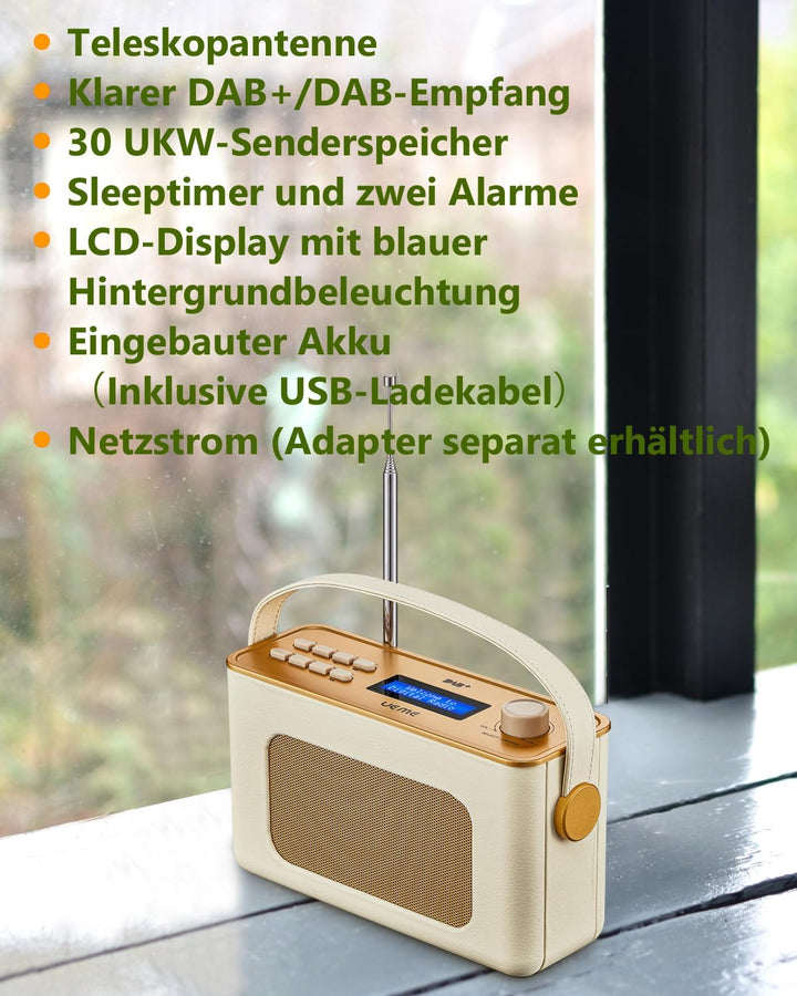 Tragbarer Retro Design DAB Plus/FM Radio, Bluetooth Lautsprecher DAB + Radio mit Wiederaufladbarer L