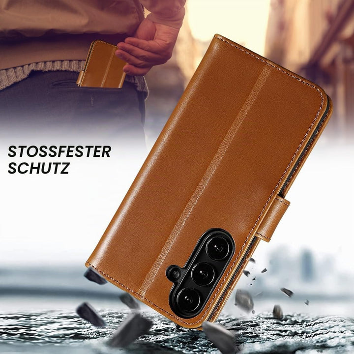 LENSUN Lederhülle für Samsung Galaxy S24, Echtleder Hülle [Standfunktion][RFID Blocker][Premium Echt