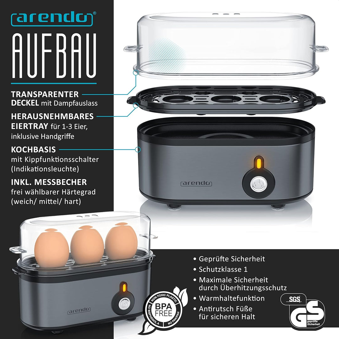 Arendo - SET Toaster FRUKOST und Eierkocher THREECOOK Edelstahl Cool Grey – Toaster 2 Scheiben, LED-