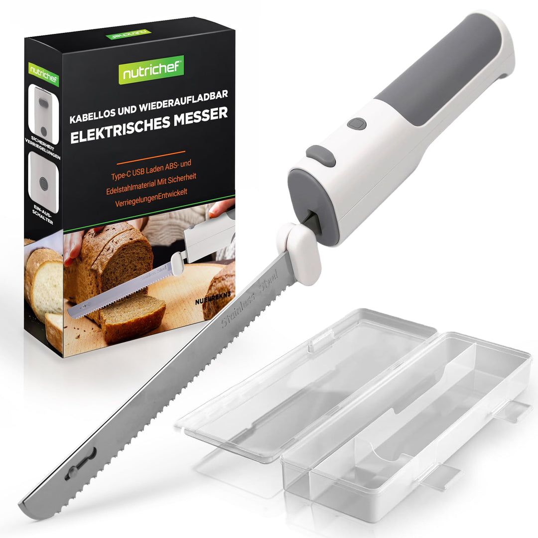 Nutrichef Elektrisches Küchenmesser – Akku-Messer mit Edelstahlklingen, USB-C, Weiss Für Truthahn, F