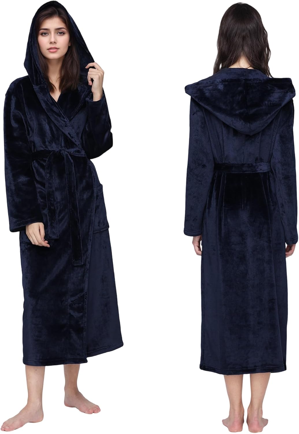 Mnemo Bademantel Damen Lang mit Kapuze Bademantel Damen Frottee Bademantel Damen Flauschig Blau L, B