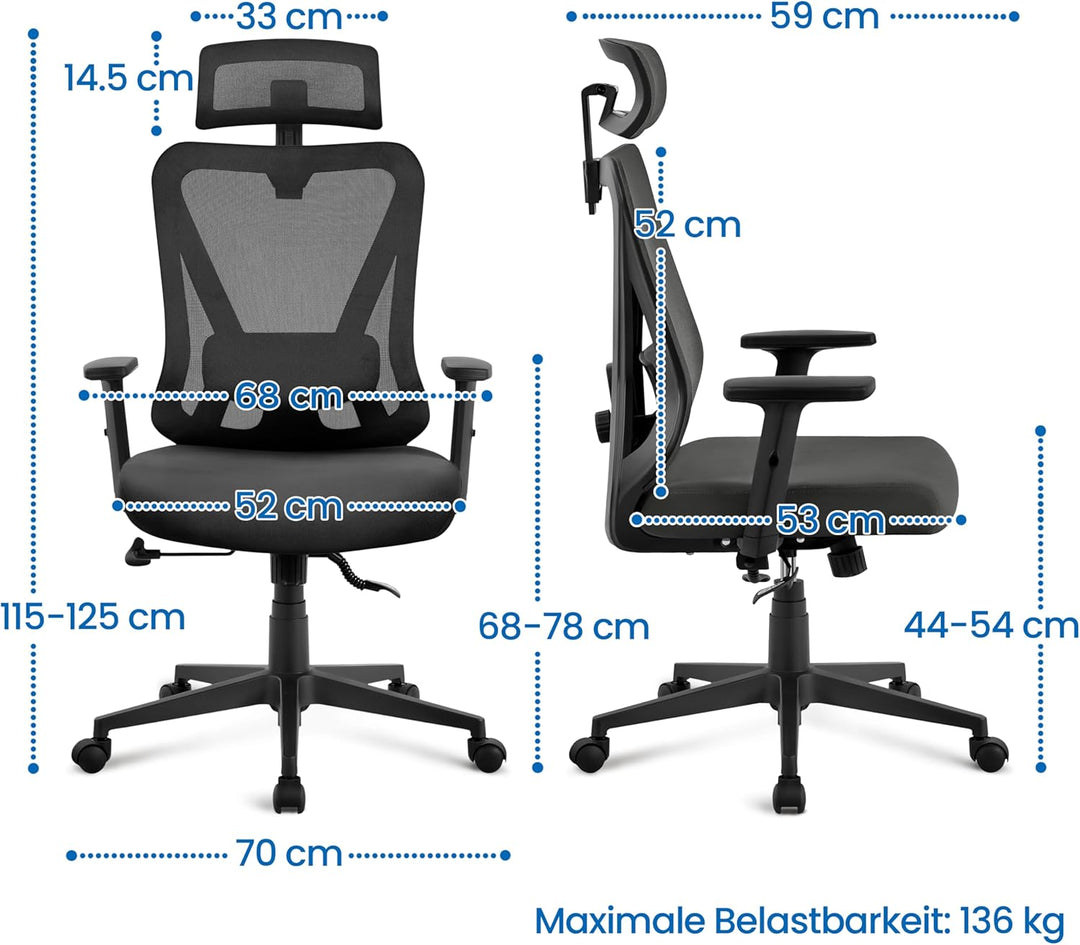 Yaheetech Bürostuhl Ergonomisch, Schreibtischstuhl mit Verstellbarer Kopfstütze, Armlehnen, Lendenwi