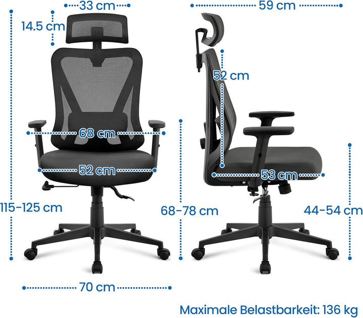 Yaheetech Bürostuhl Ergonomisch, Schreibtischstuhl mit Verstellbarer Kopfstütze, Armlehnen, Lendenwi