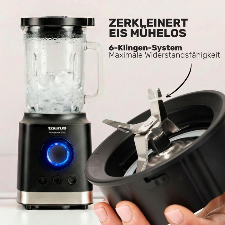 Taurus - Hochleistungs-Mixer mit 2000 W | Glaskanne 1,8 l | abnehmbare Edelstahlklingen | 2 automati