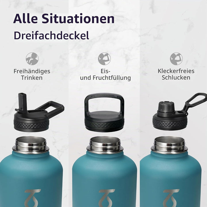 Trebo Isolierte Wasserflasche, 1,8 l, Metall-Vakuum-Wasserkrug mit Griff und 3 Deckeln, auslaufsiche