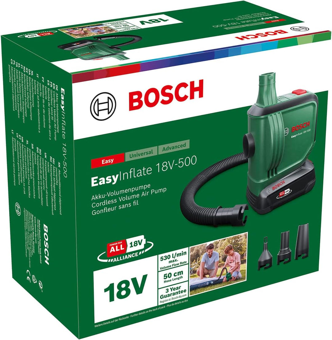 Bosch elektrische Luftpumpe/Luftpumpe für Luftmatratze EasyInflate 18V-500 (1x 2,0 Ah Akku; 18 Volt