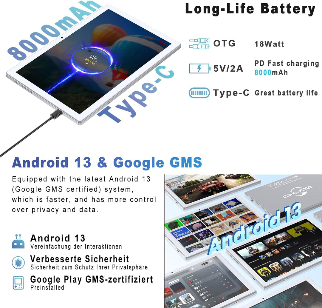 ZONKO 2025 Neueste Tablet 10 Zoll Tablets 16GB RAM+128GB ROM/TF 1TB, 5G+2.4G WLAN, 8-Core 2.0GHz, 80