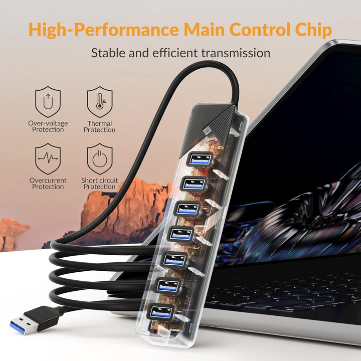 GiGimundo PG7U USB Hub 3.0, 7-Port USB Verteiler, 1M Lang Kabel mit 5V/3A Stromeingang, Mehrfach USB