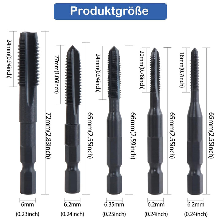KEWAYO 5 Stück Gewindeschneider Bit Set M4 -M10, HSS Nitrieren Gewindebohrer Bit Satz, Metric Gewind