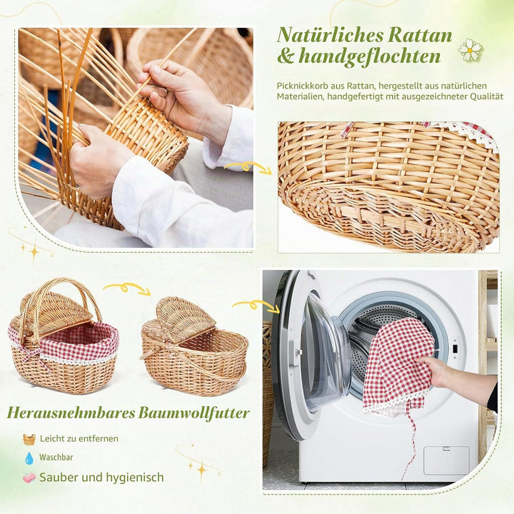 Picknickkorb, Picknickkorb mit Doppelt zu öffnendem Deckel und Klappbarem Griff, Handgewebter Korb m