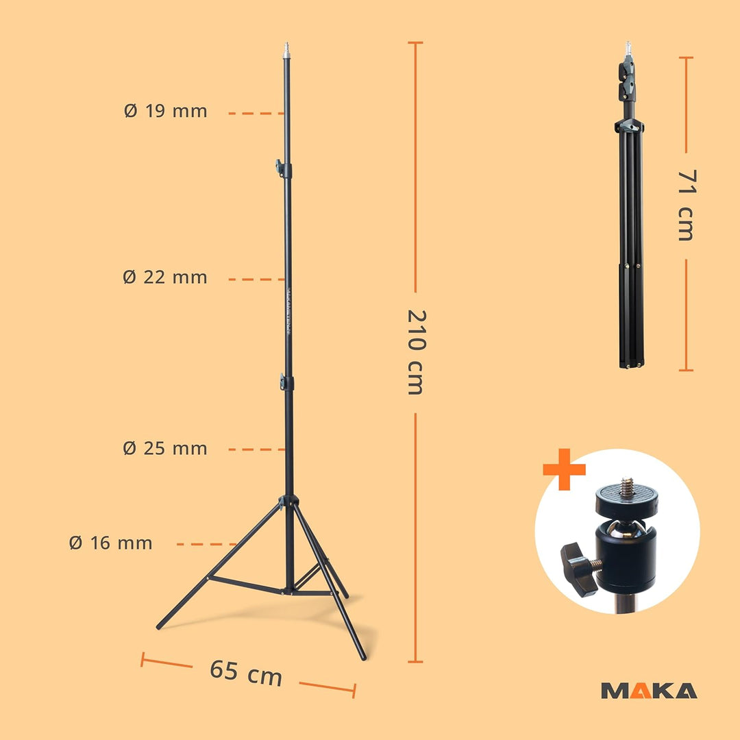 MAKA Schweres Stativ 71 bis 210 cm - Mit 360° Kugelkopf - Für Kamera und Laser - Teleskopstativ - Ba