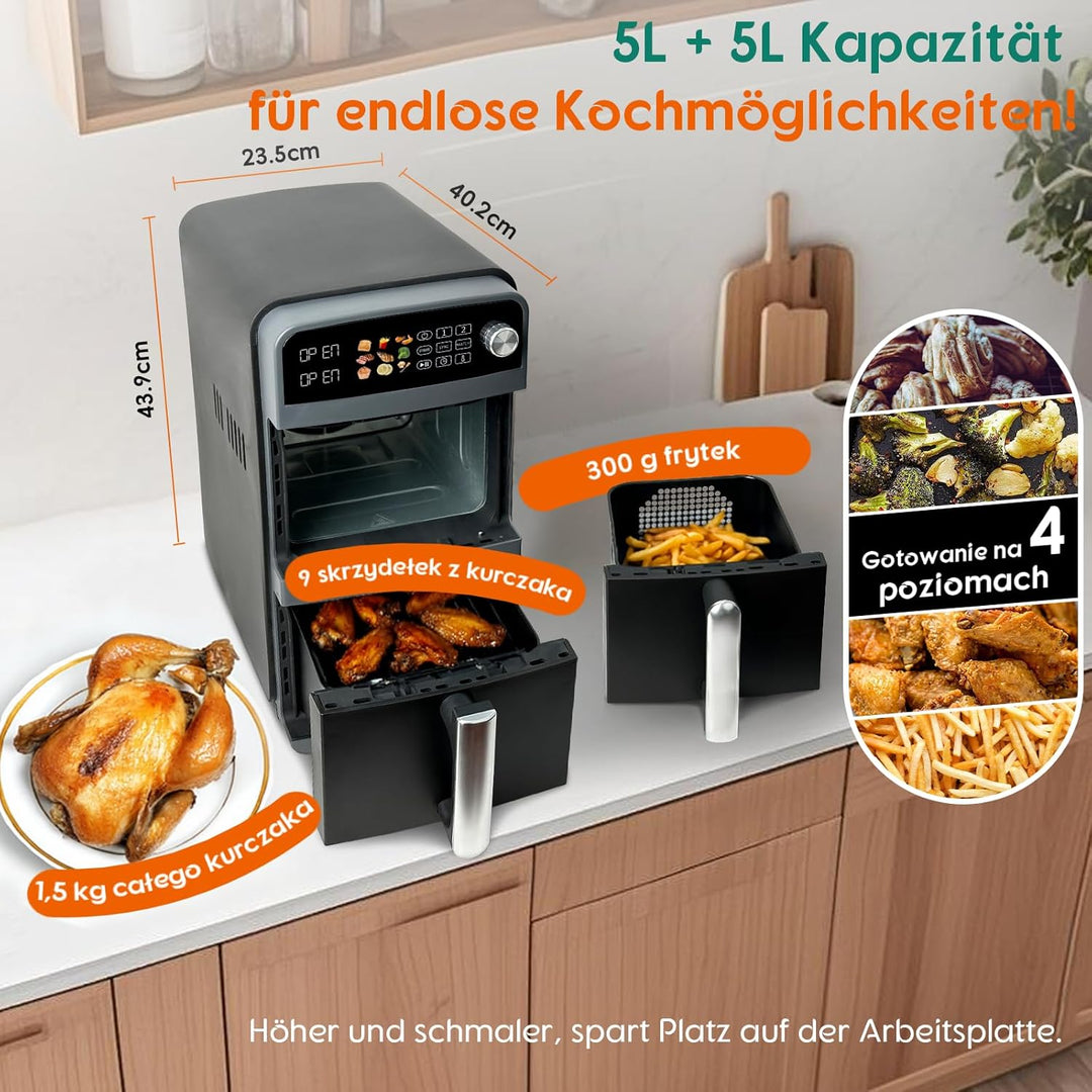 10L Double Stack XL airfryer Heissluftfritteuse | 2400W heissluftfritteuse 2 kammern | Gleichmässige