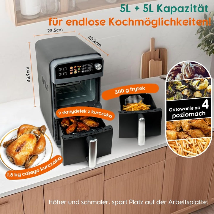 10L Double Stack XL airfryer Heissluftfritteuse | 2400W heissluftfritteuse 2 kammern | Gleichmässige