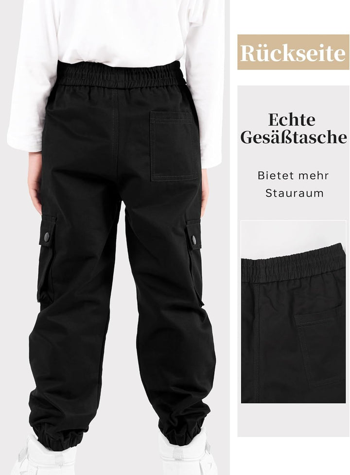 Kinder Cargo Hose mit elastischem Bund Funktionshose Jungen Jogginghose Outdoor 140 Schwarz, 140 Sch