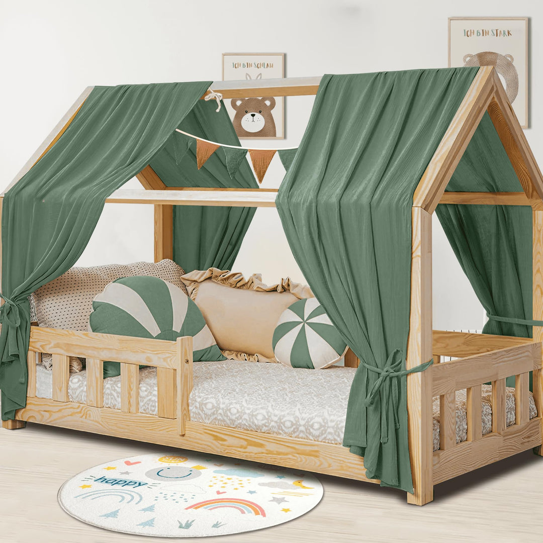 Hausbett Himmel Deko Set, Betthimmel Hausbett aus Musselin - 2 Betthimmel & 1 Wimpelkette, für Junge