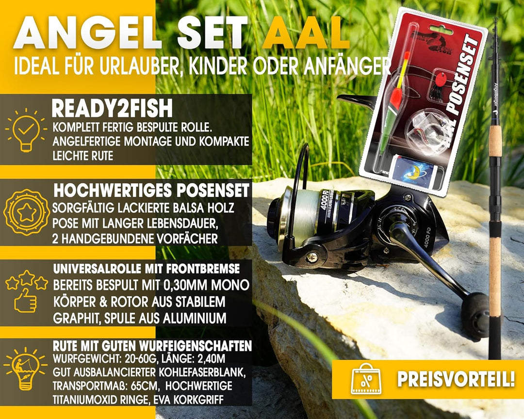 Angel-Berger Tele Angelset Rute Rolle mit Zubehör Angelset Aal