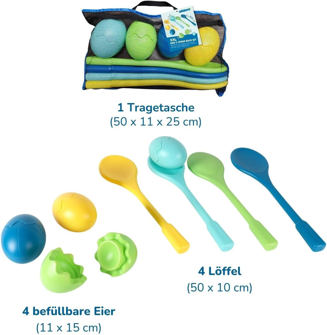 alldoro 60077 XXL Eierlauf mit 4 Löffeln & 4 befüllbaren Eiern, Bewegungsspiel für drinnen & drausse