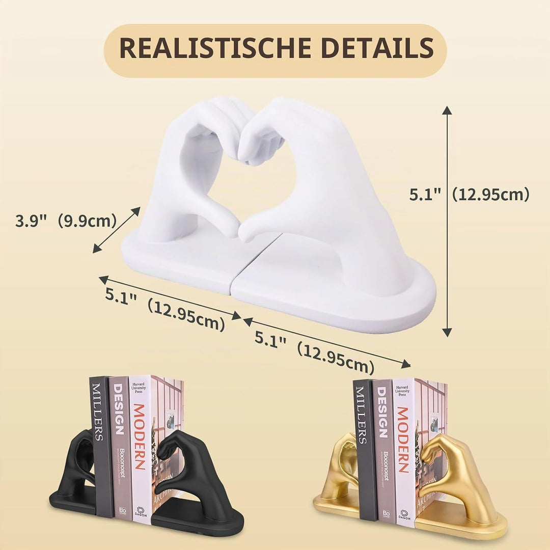 Weisse Buchstützen Set aus Resin - Herz & Hände Skulptur als Buchstütze, dekorative Bookends für Büc
