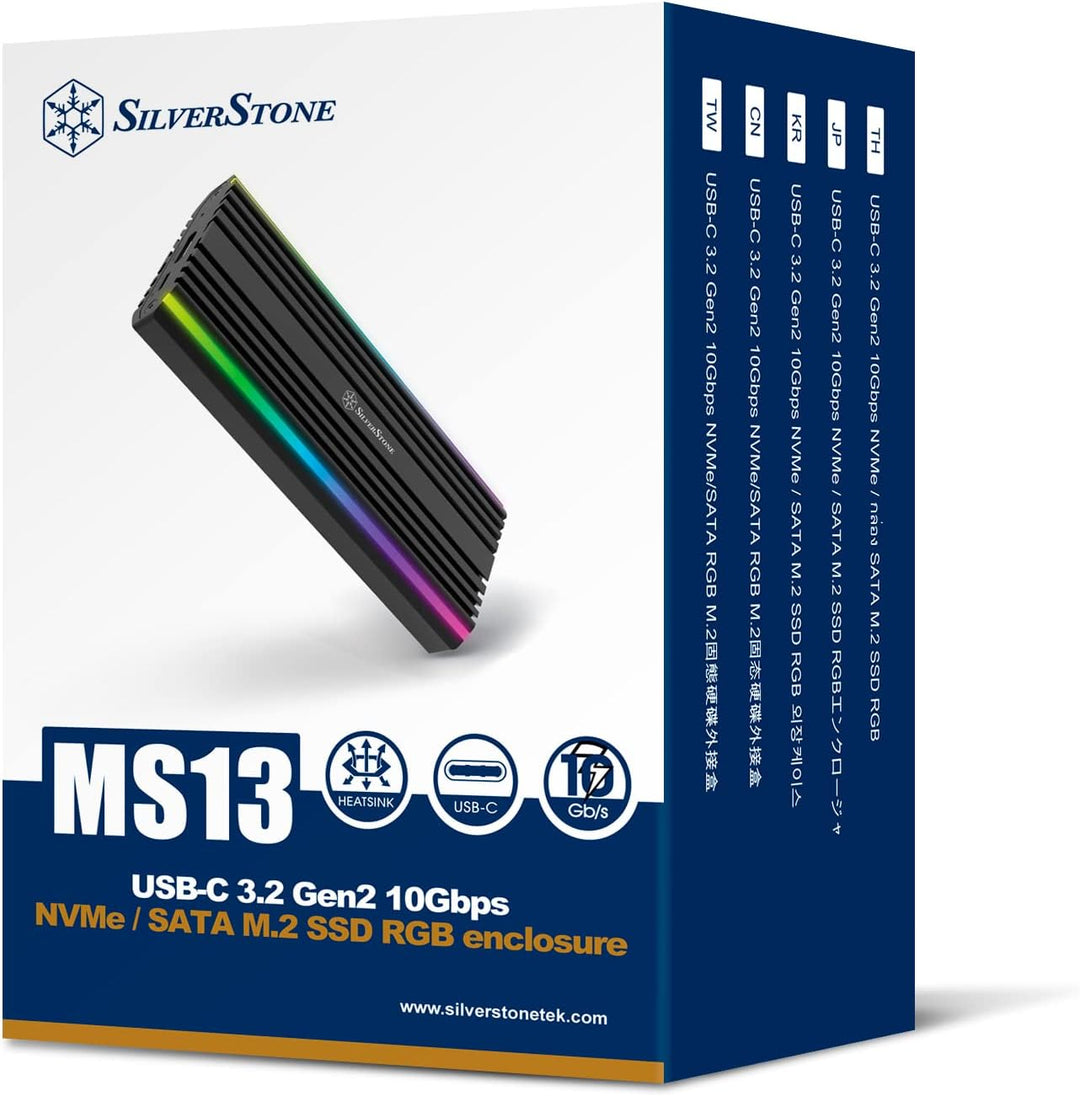 SilverStone Technology SST-MS13 - USB-C-3.2-Gen2-10-Gbps-NVMe- / SATA-M.2-SSD-RGB-Gehäuse, 71175, Sc
