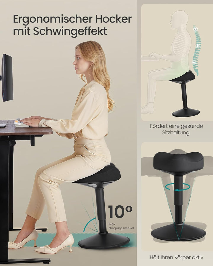 SONGMICS Stehhocker, um 360° neigbar, höhenverstellbar 48-65.5 cm | Schreibtischstuhl, modern, gross