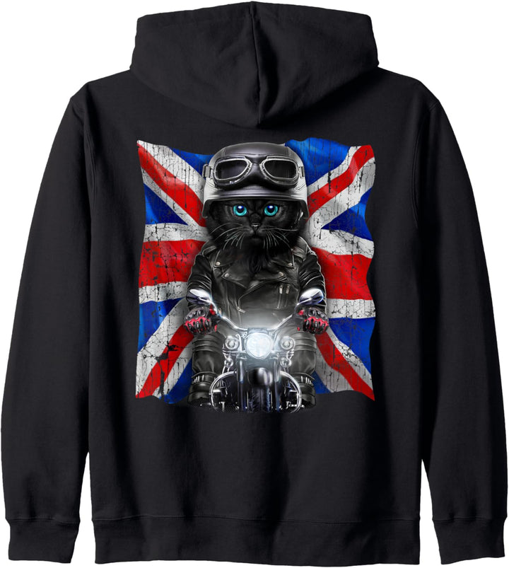 Patriot Katze auf einem Motorrad mit Union Jack Kapuzenjacke