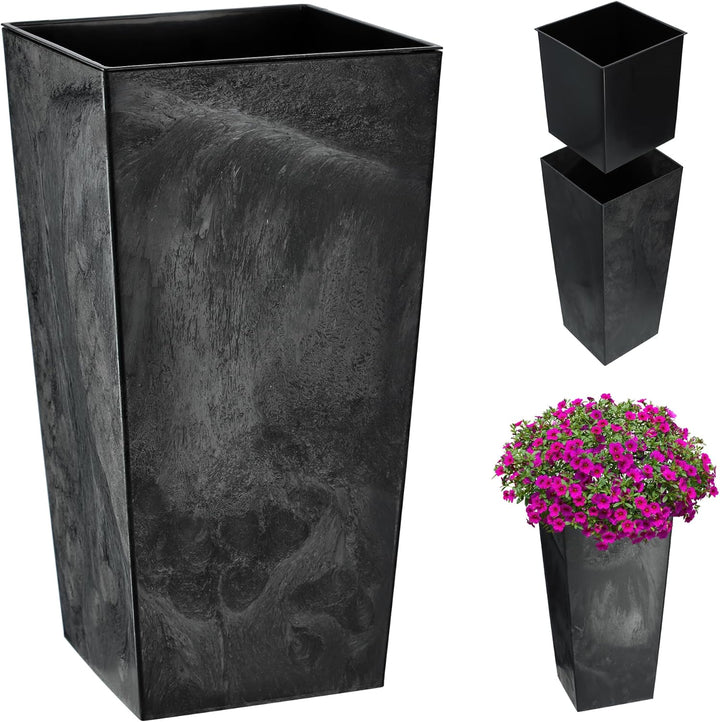 KADAX Pflanzkübel mit Innentopf, Höhe 36cm, Beton schwarz – Wetterfester Blumentopf für Innen &amp; Auss