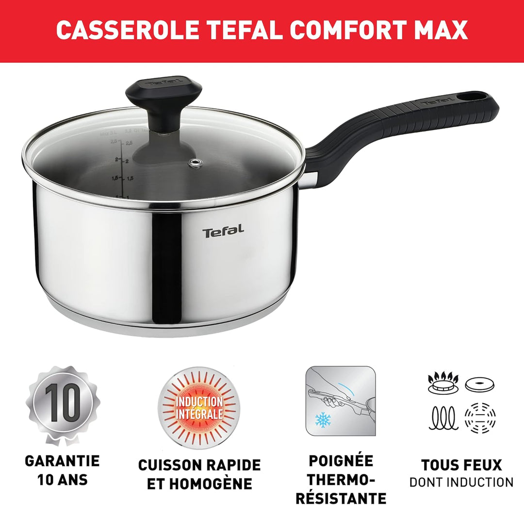 Tefal Comfort Max C9732304 Edelstahl-Kochtopf mit Glasdeckel, langlebiges Kochgeschirr für gesundes