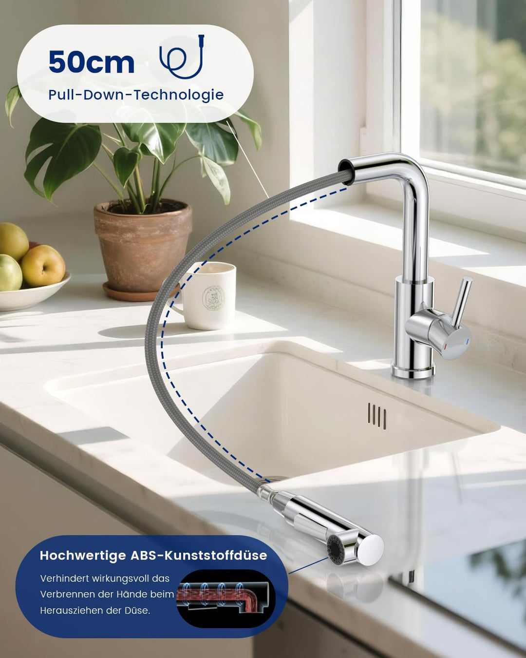 DAYONE Chrom Küchenarmatur Ausziehbar mit Brause, SUS304 Edelstahl Hochdruck Wasserhahn Küche Auszie