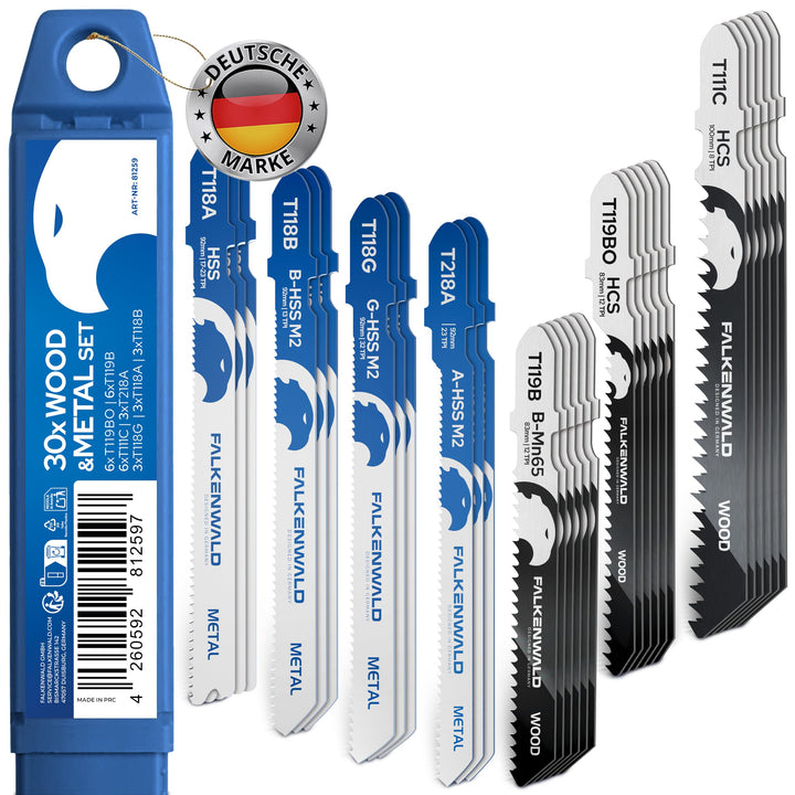 FALKENWALD® Stichsägeblätter Set 30tlg 18x Holz + 12x Metall - T-Schaft HCS, HSS &amp; Bi-Metall - Für W