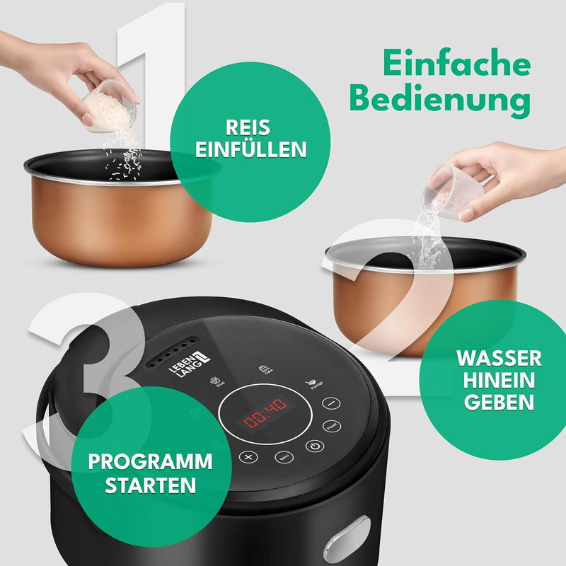 LEBENLANG Digitaler Reiskocher mit Warmhaltefunktion - Inkl. Timer & Messbecher und Reislöffel I 0,8