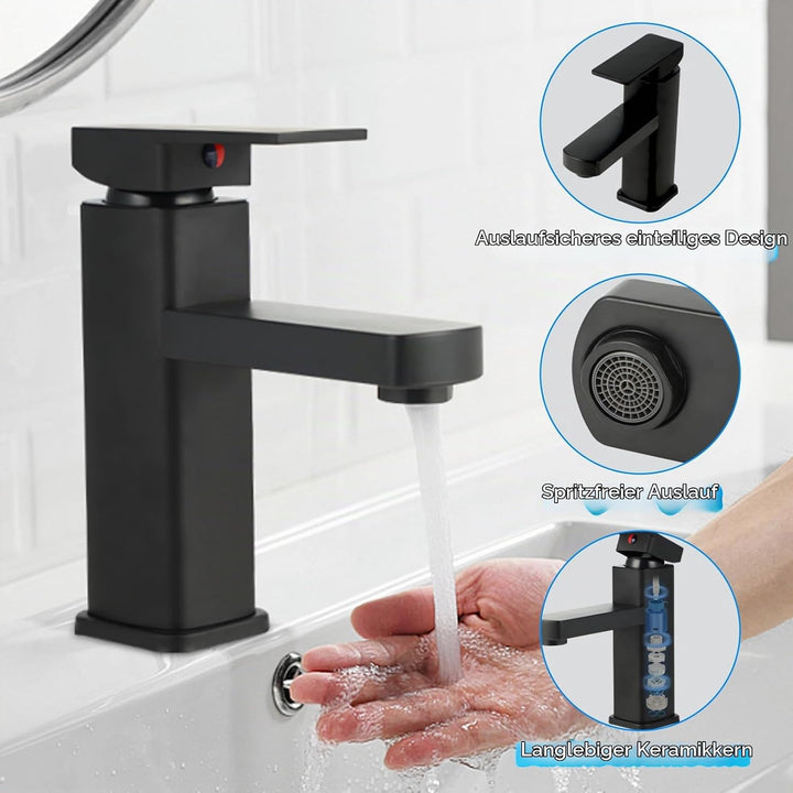 Wasserhahn Bad - Wasserhahn Edelstahl - Eckige Mischbatterie, Armatur Badezimmer, kalt/warm verstell