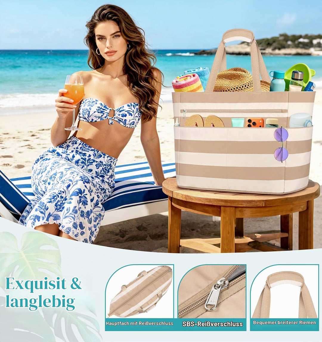 Strandtasche mit Reissverschluss XXL Familie Strandtasche Damen Gross Shopper Tasche Beach Tote Bag