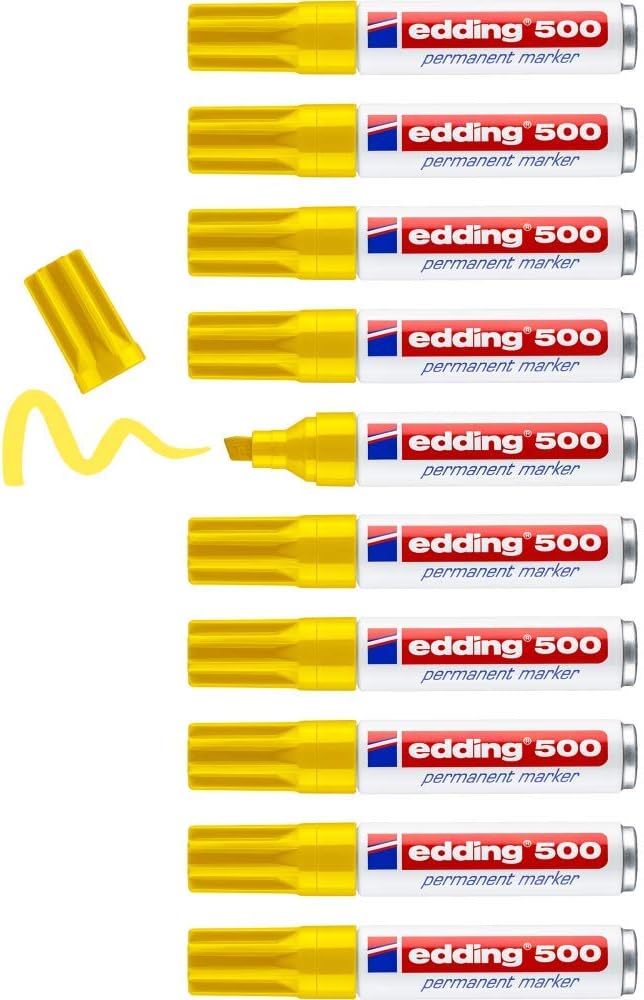 edding 500 Permanentmarker - gelb - 10 Stifte - Keil-Spitze 2-7 mm - wasserfest, schnell-trocknend -