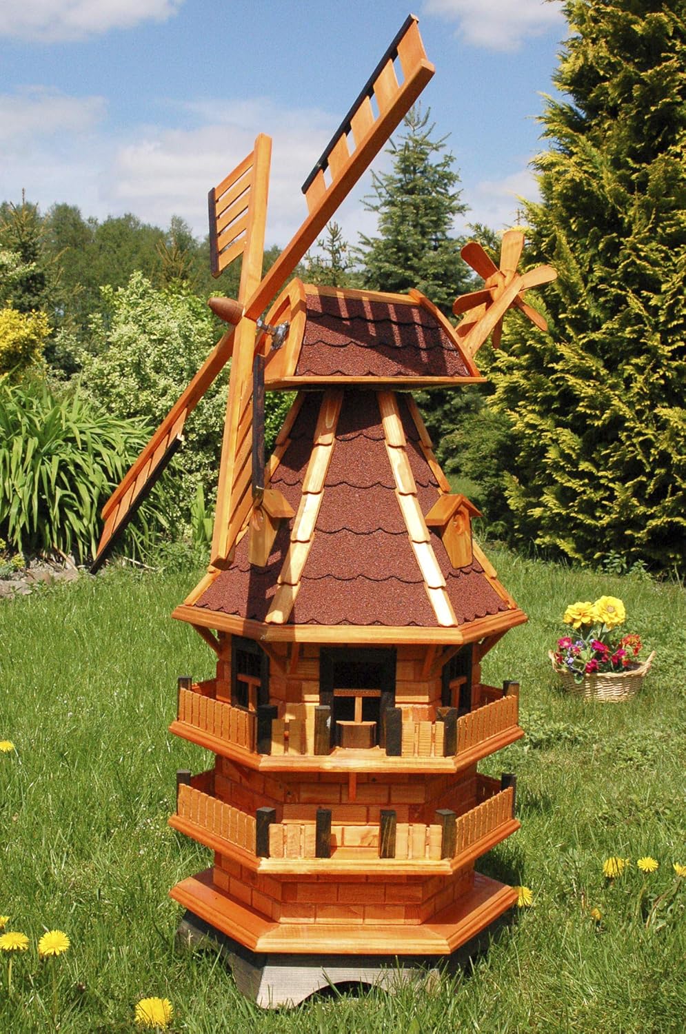 Windmühle 3 stöckig kugelgelagert 1,40 m Bitum rot mit Beleuchtung Solar, Solarbeleuchtung, mit extr