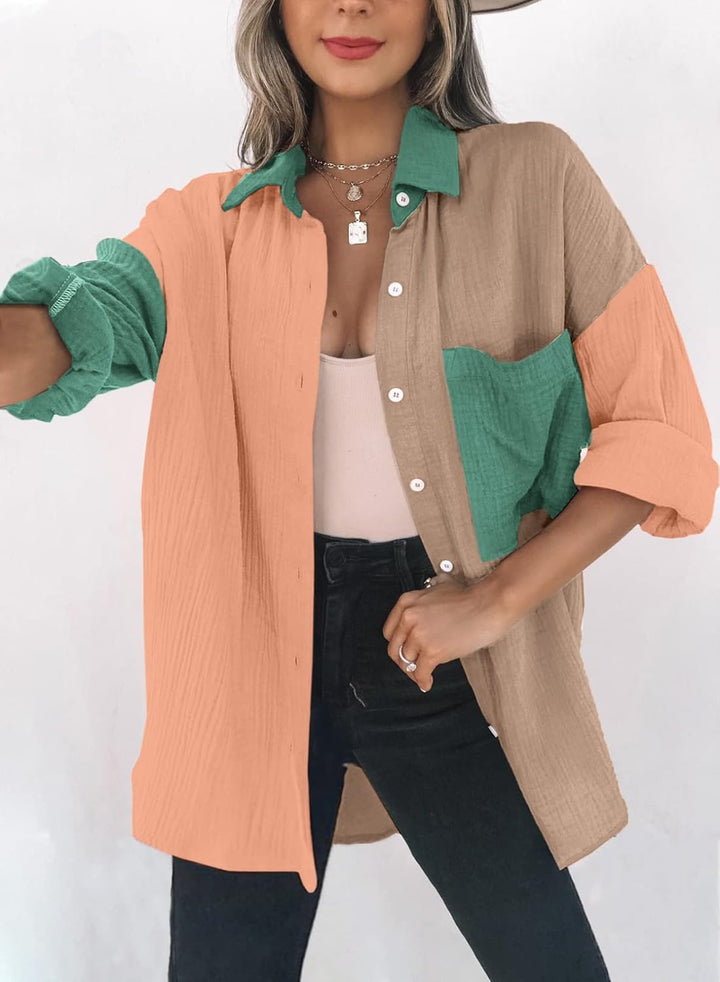 Dokotoo Kordhemd für Damen, Knopfleiste, Boyfriend-Stil, langärmelig, Oversized-Bluse, Top A Khaki S