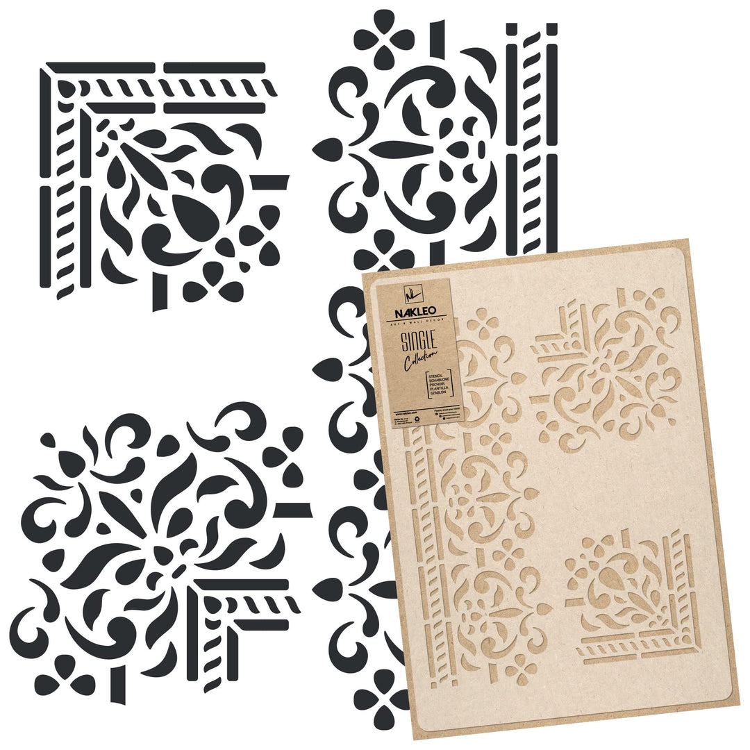 NAKLEO Wiederverwendbare Wand Kunststoff-Schablone – 43x64cm - Grenze Ecke Ornament - Grosse Tapete