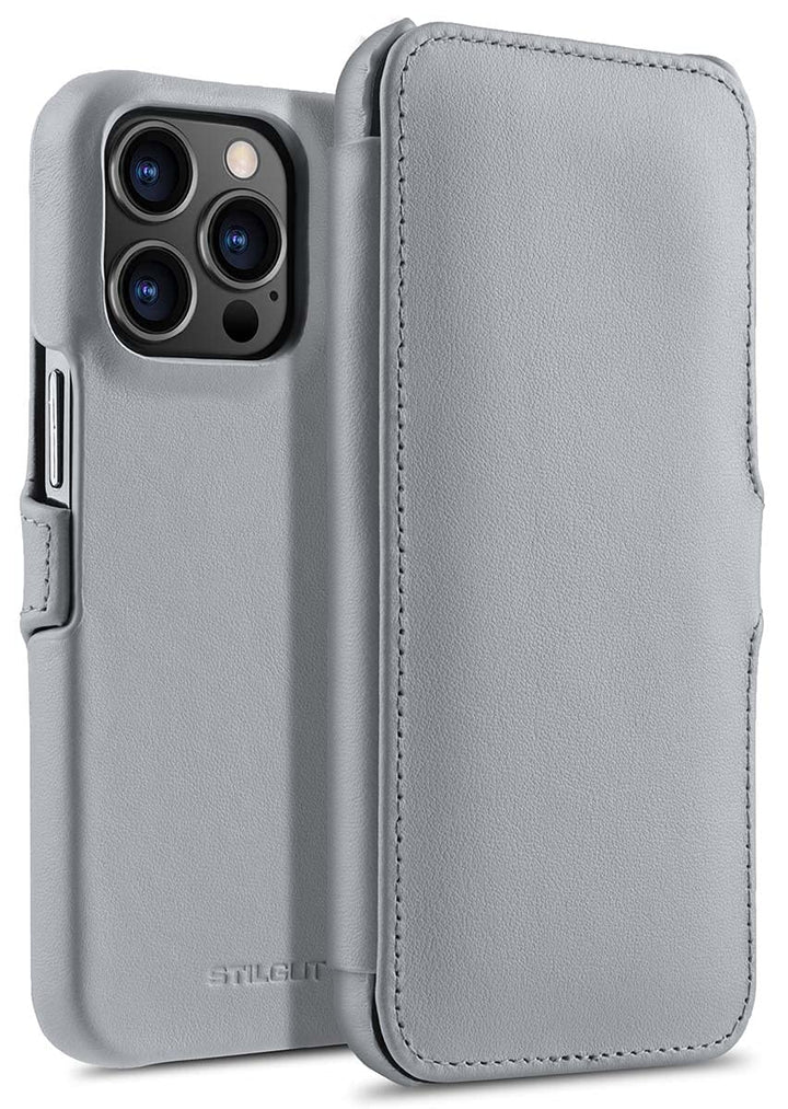 STILGUT Book Case kompatibel mit iPhone 13 Pro (6.1“) Hülle aus Leder mit Clip-Verschluss, Klapphüll