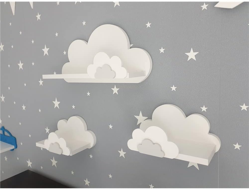 3er Set Wandregal Kinderzimmer Weiss | Babyzimmer Wolkenregal für Bücher, Spielzeug, Dekoration | Re