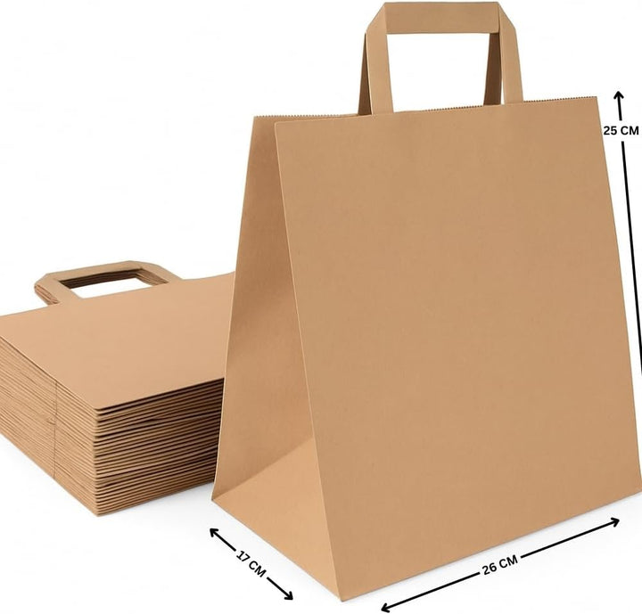 Commerline Papiertragetaschen 26+17x25cm 250 Stück | Braun Papiertüten | Kraftpapier Tüten mit Henke