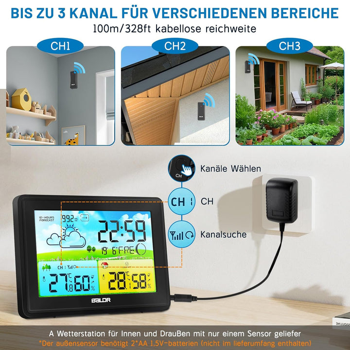 Wetterstation Funk mit Aussensensor, Innen und Aussen Temperatur/Luftfeuchte, Funkwetterstation mit