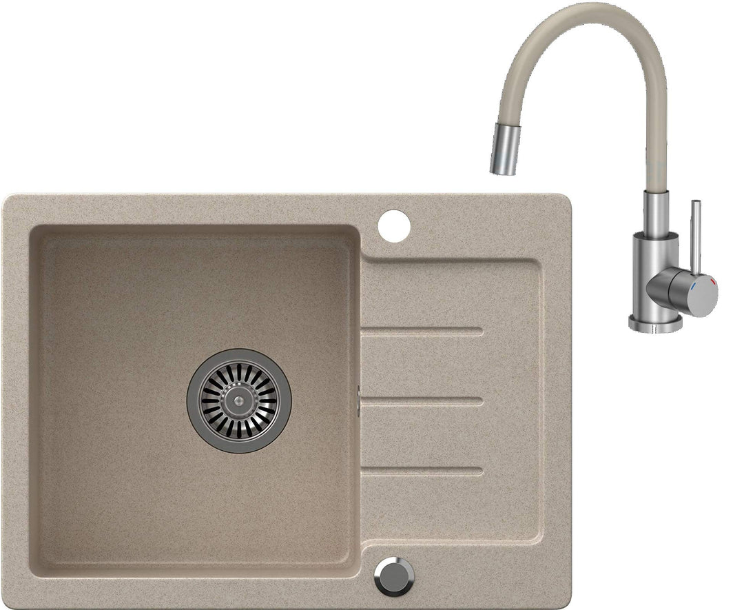 VBChome Spülbecken Beige Granit 60 x 44 cm Einzelbecken Einbauspüle gesprenkelt reversibel Verbundsp