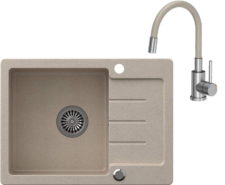 VBChome Spülbecken Beige Granit 60 x 44 cm Einzelbecken Einbauspüle gesprenkelt reversibel Verbundsp