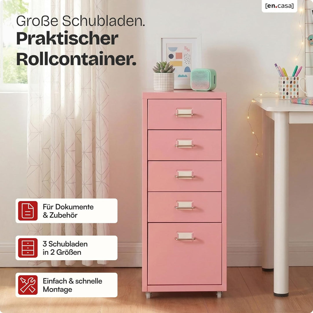 [en.casa] Rollcontainer Kökar Schubladenschrank Metall Aktenschrank mit 5 Schubladen Bürowagen mit R