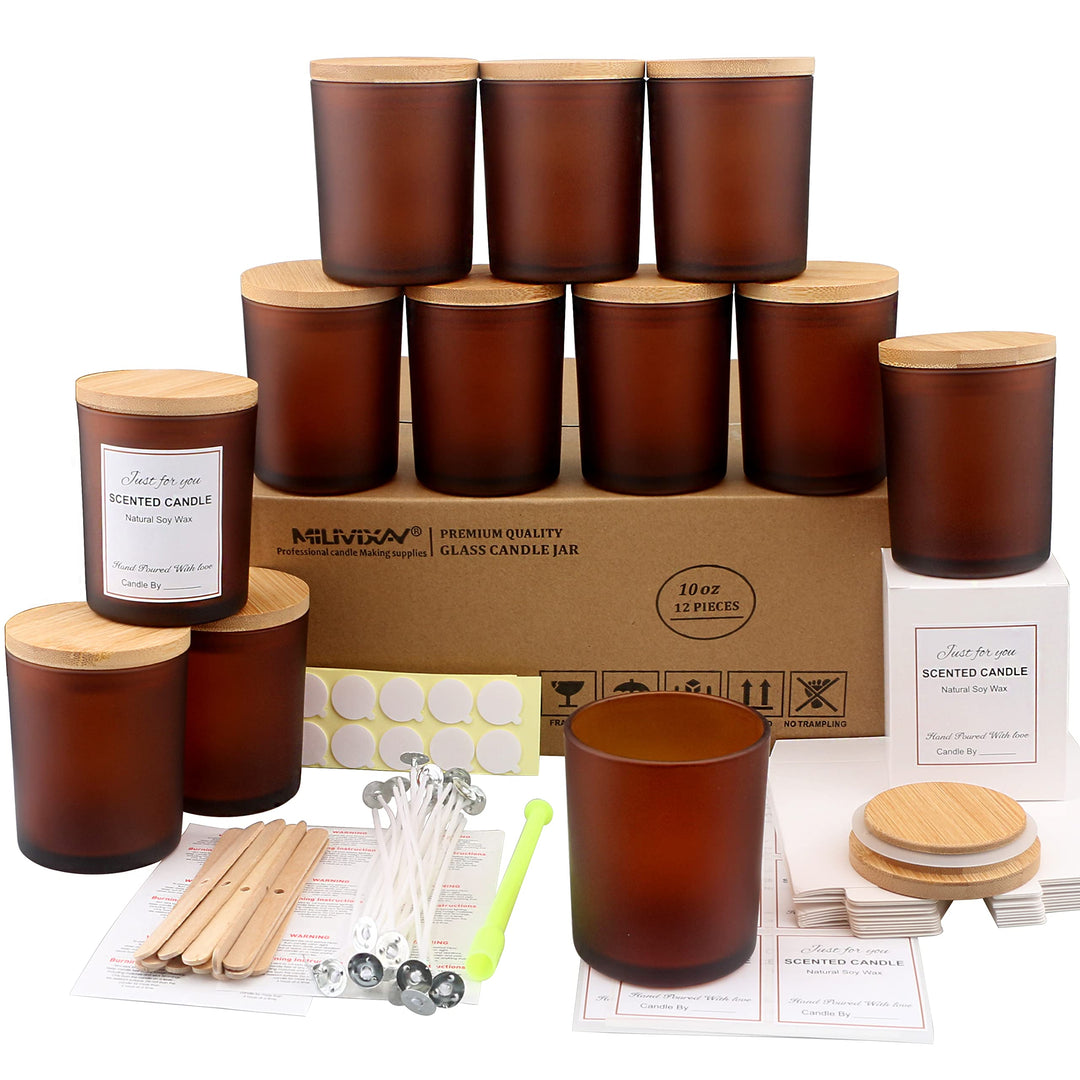 MILIVIXAY 12 Stück 284 ml Milchglas-Kerzengläser mit Deckel und Kerzenherstellungs-Kits – leere Kerz