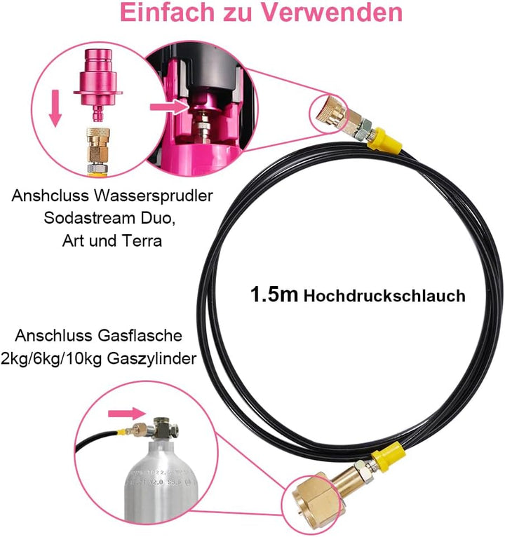 ASOFTY Co2 Adapter Hochdruckschlauch 1.5m für Grössere CO2 Flaschen Kompatibel mit Wassersprudler Du