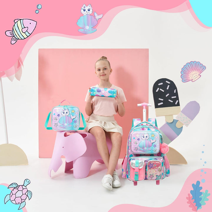 HTgroce Schulranzen Trolley Mädchen Meerjungfrau Rolling Backpack for Girls Einhorn Rucksack Mit Rol