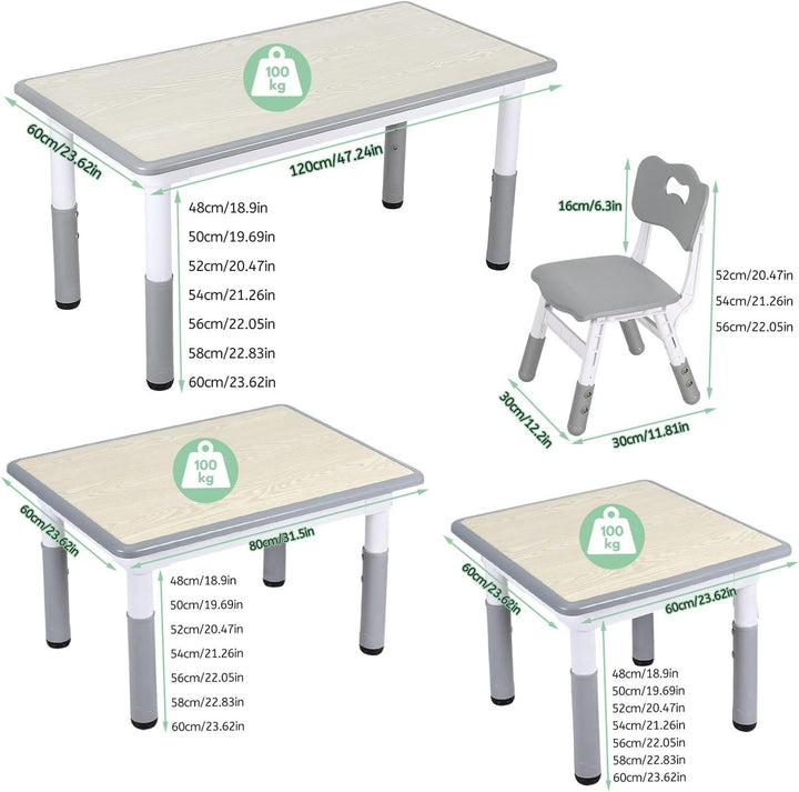 Verstellbares Kinder Schreibtisch Set mit 1 Tisch und 4 Stühlen - Höhenverstellbar, Multifunktional,