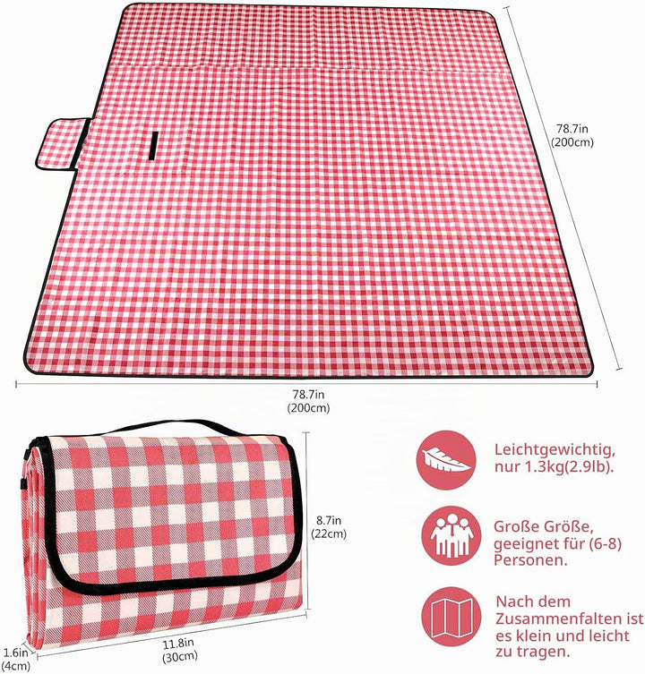 Picnic blanket Waterproof beach blanket 200 x 300 cm Washable Lightweight with handle Red check Suit
