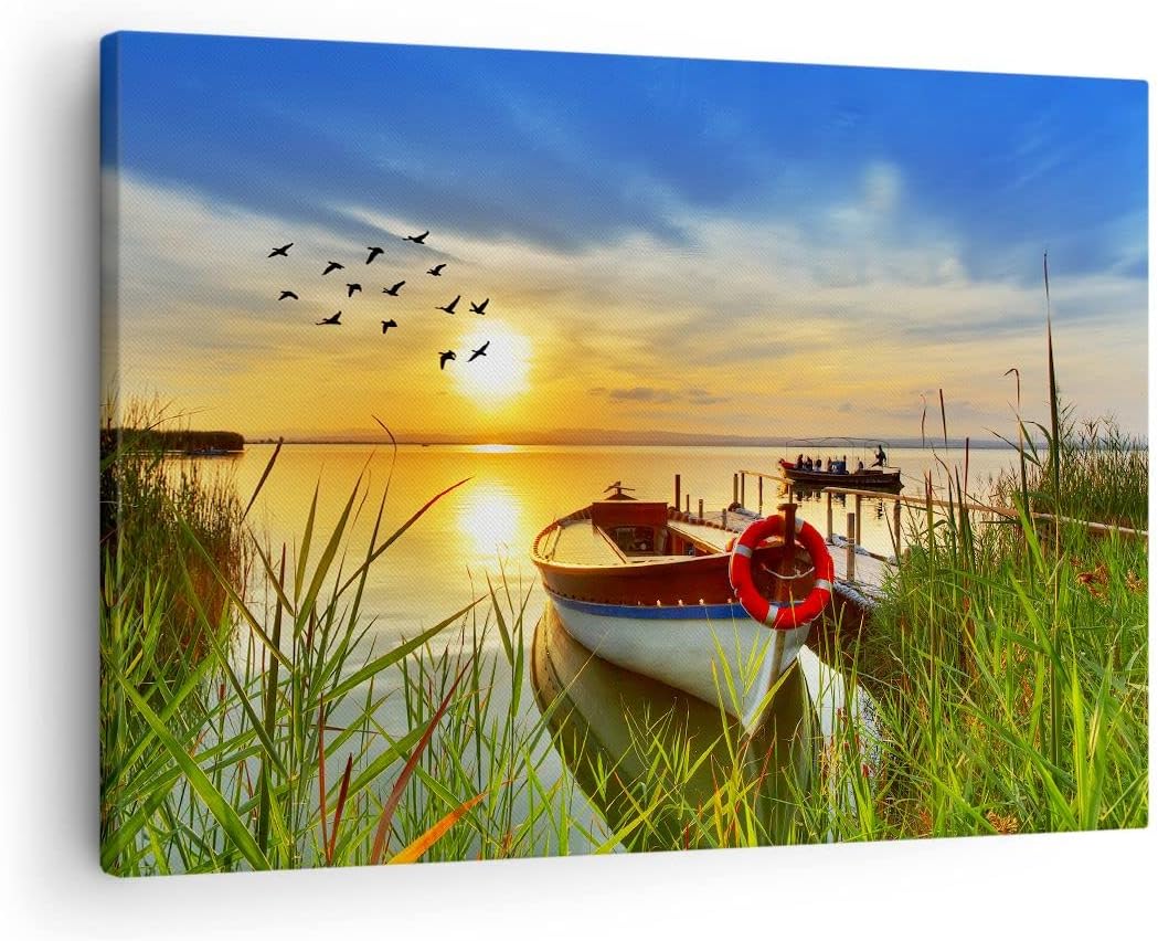 Bilder auf Leinwand Boot See Sonnenuntergang Sommer Menschen Leinwandbild 70x50cm Wandbilder Dekorat