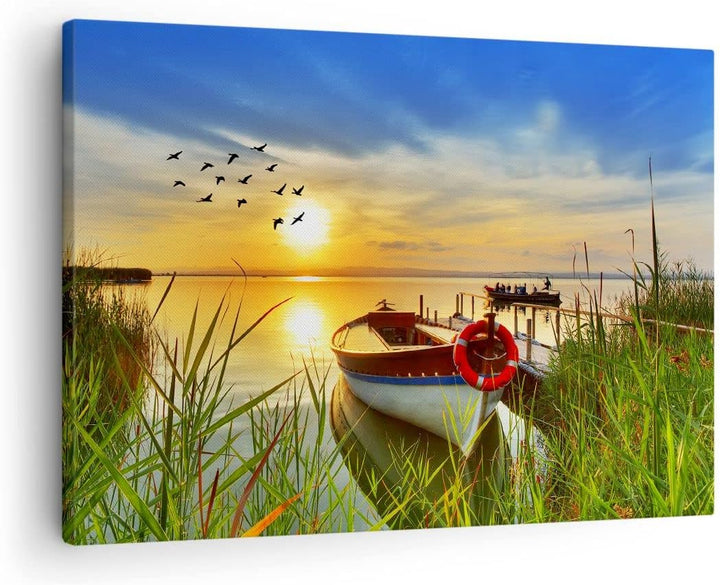 Bilder auf Leinwand Boot See Sonnenuntergang Sommer Menschen Leinwandbild 70x50cm Wandbilder Dekorat